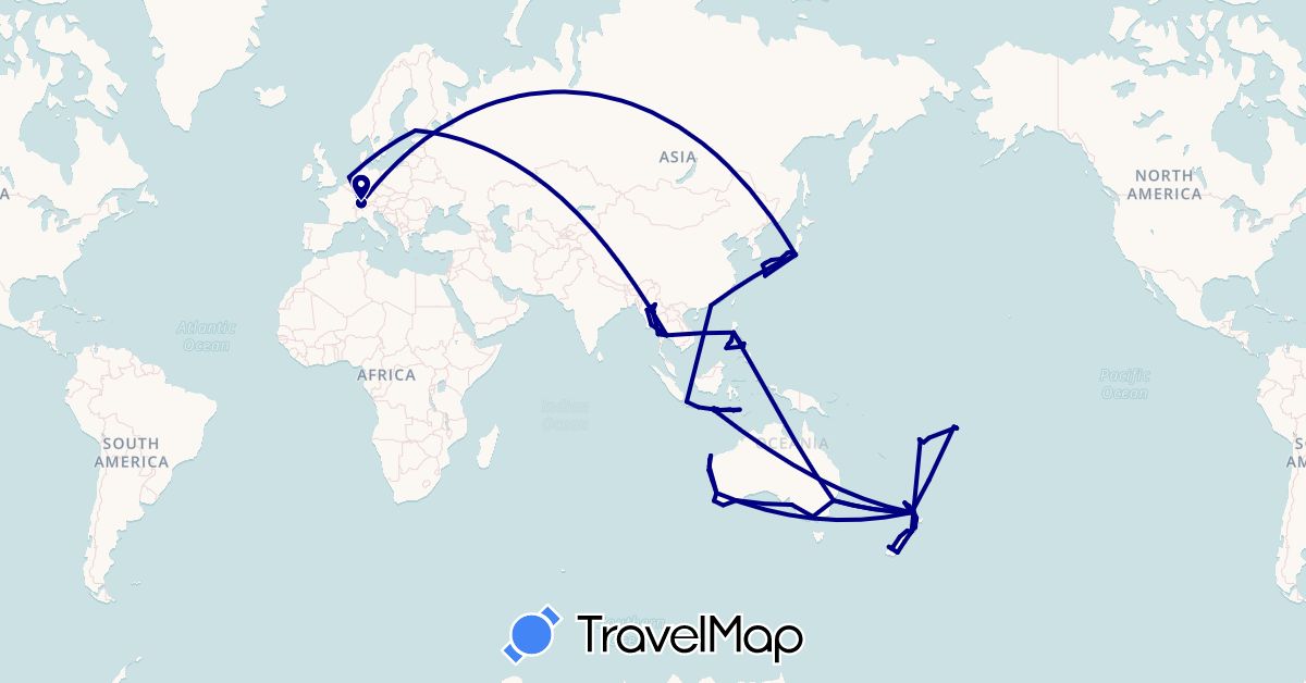 TravelMap itinerary: driving in Australia, Switzerland, China, Finland, Fiji, Indonesia, Japan, Myanmar (Burma), Netherlands, New Zealand, Philippines, Thailand, Samoa (Asia, Europe, Oceania)